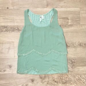 6 Degrees Tiered Chiffon Beaded Tank Top SzM Seafoam Y2K Scalloped Fairy Mermaid